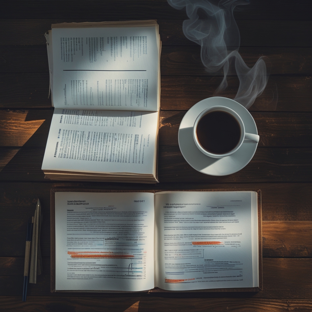 Open textbooks and scientific papers spread on a wooden desk next to a cup of coffee, soft reading lamp light, calm study environment suggesting research and knowledge organization
